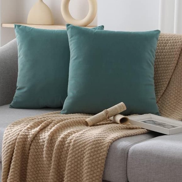 Set of 2 Aqua Blue Soft Velvet Pillow Covers 18 Inch Turquose Pillows Square Zip - Picture 2 of 10